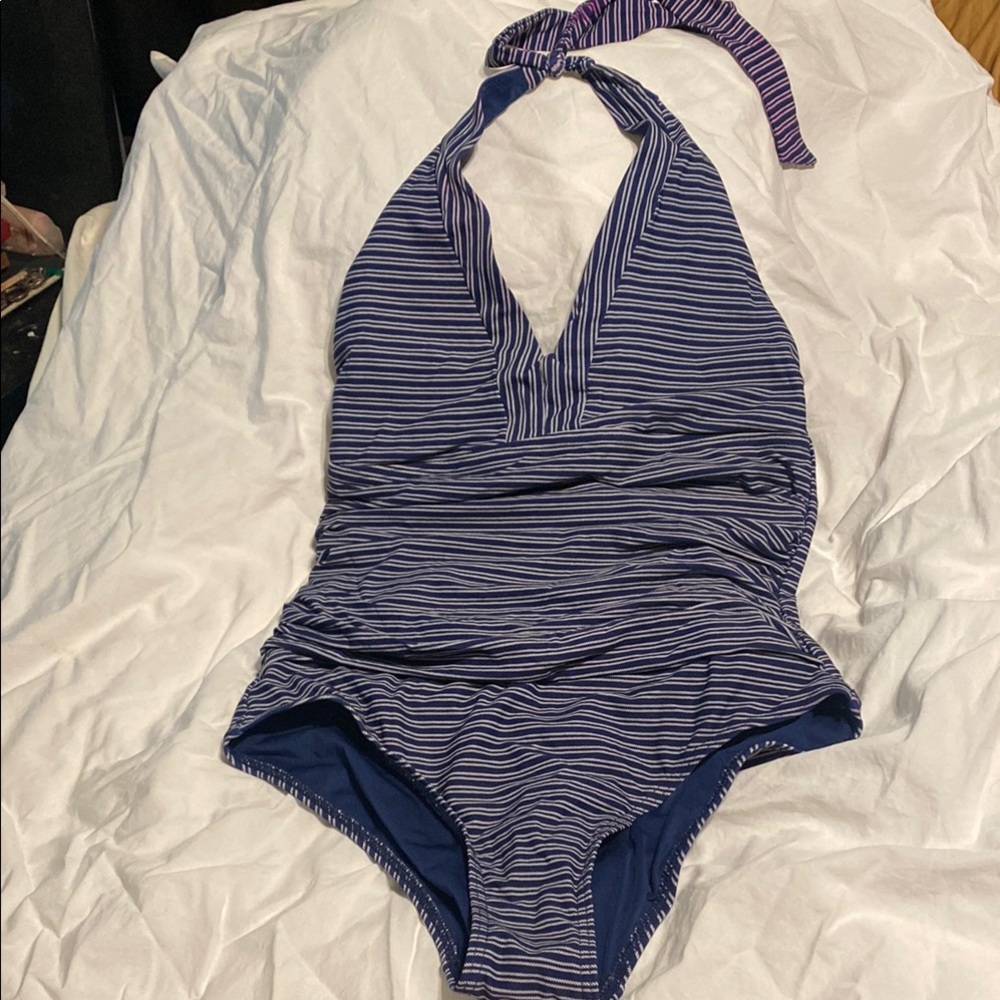 Blue Nautical Stripe One Piece Swimsuit with Halter Neck